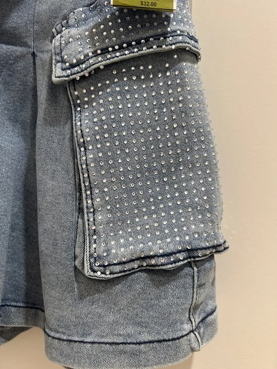 Balboa Denim Mini Skirt with Rhinestone Cargo Pockets - Light Blue - Picture 4 of 7